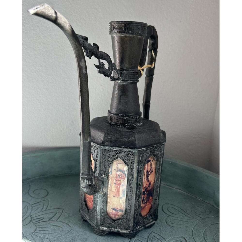 Antique Chinese 1910 Swatow Pewter 8 Panel Reverse Painted Glass Teapot, NO LID - Picture 7 of 13